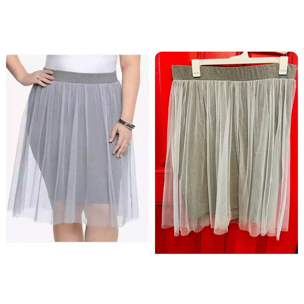 Torrid Plus Size 1 Gray Fitted Knit Bodycon Mini Skirt w Tulle Tutu Mesh Overlay
